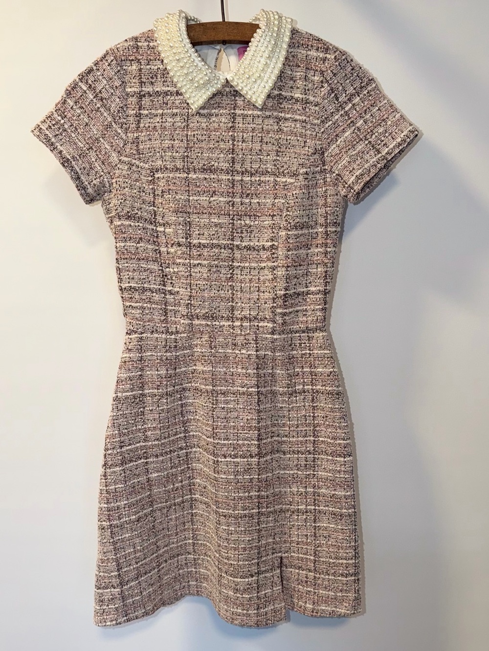 miami Pearl-Collar Tweed Mini Dress in Blush and Ivory